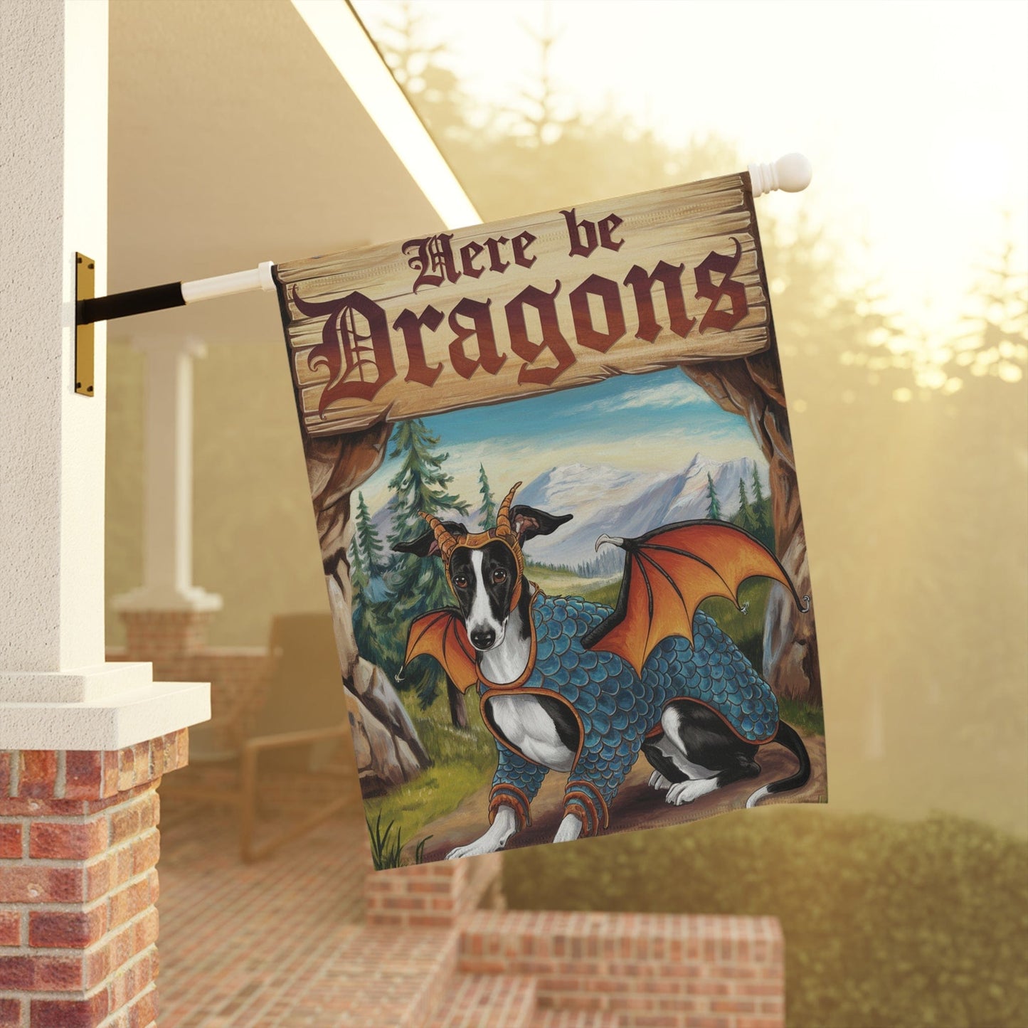 Printify Home Decor Black White Greyhound Dog Dragon, Garden Flag, Fantasy Yard Spring Decor, Housewarming Gardener Gift
