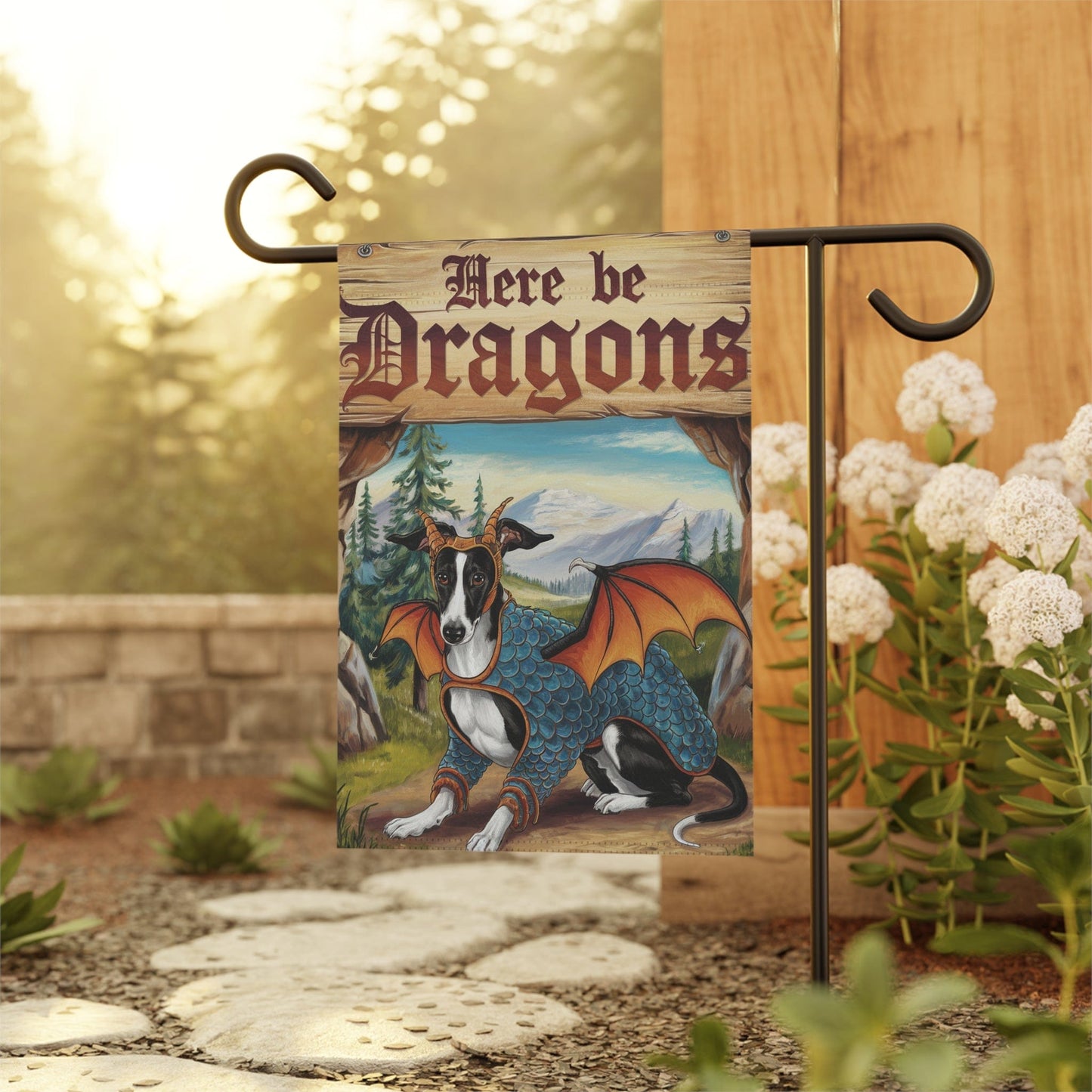 Printify Home Decor Black White Greyhound Dog Dragon, Garden Flag, Fantasy Yard Spring Decor, Housewarming Gardener Gift