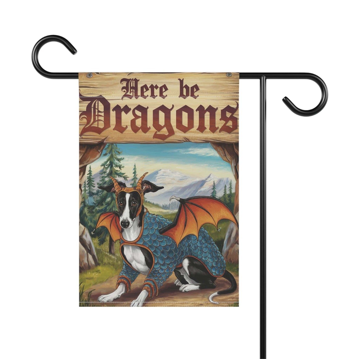 Printify Home Decor Black White Greyhound Dog Dragon, Garden Flag, Fantasy Yard Spring Decor, Housewarming Gardener Gift