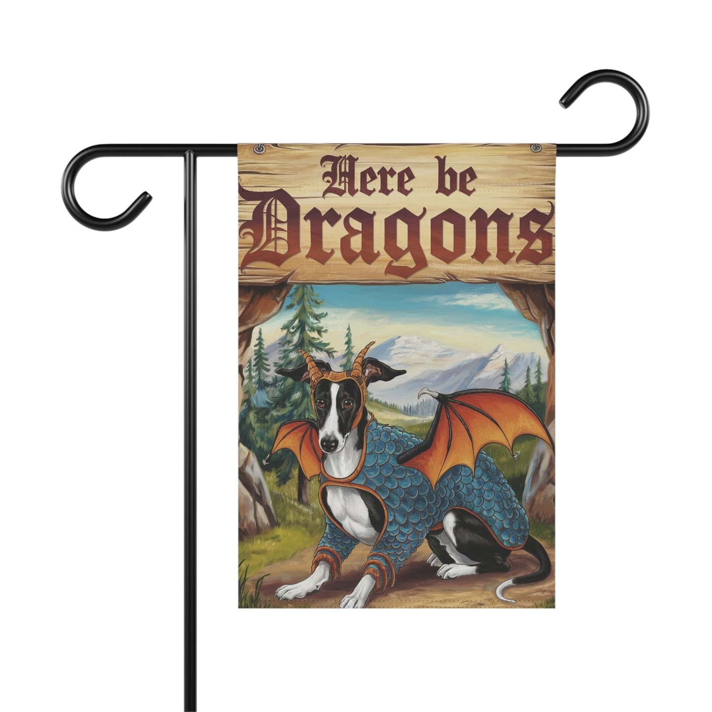 Printify Home Decor 12'' × 18'' Black White Greyhound Dog Dragon, Garden Flag, Fantasy Yard Spring Decor, Housewarming Gardener Gift