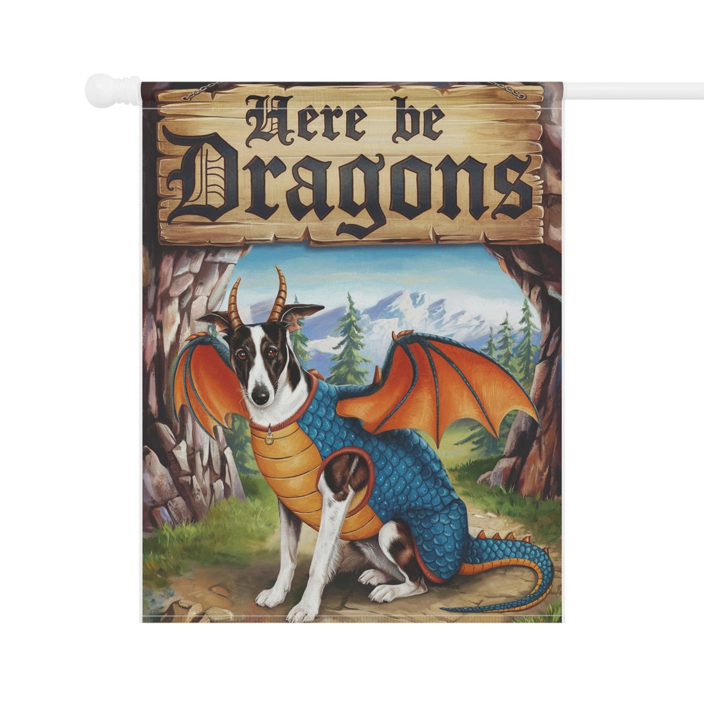 Printify Home Decor Black White Greyhound Dog Dragon Garden Flag, Pet Yard Spring Decor, Housewarming Halloween