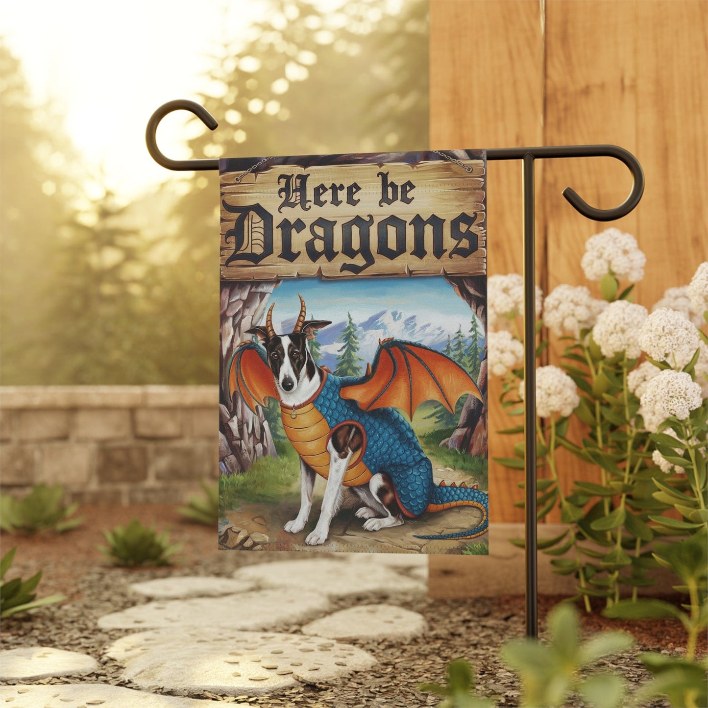Printify Home Decor Black White Greyhound Dog Dragon Garden Flag, Pet Yard Spring Decor, Housewarming Halloween