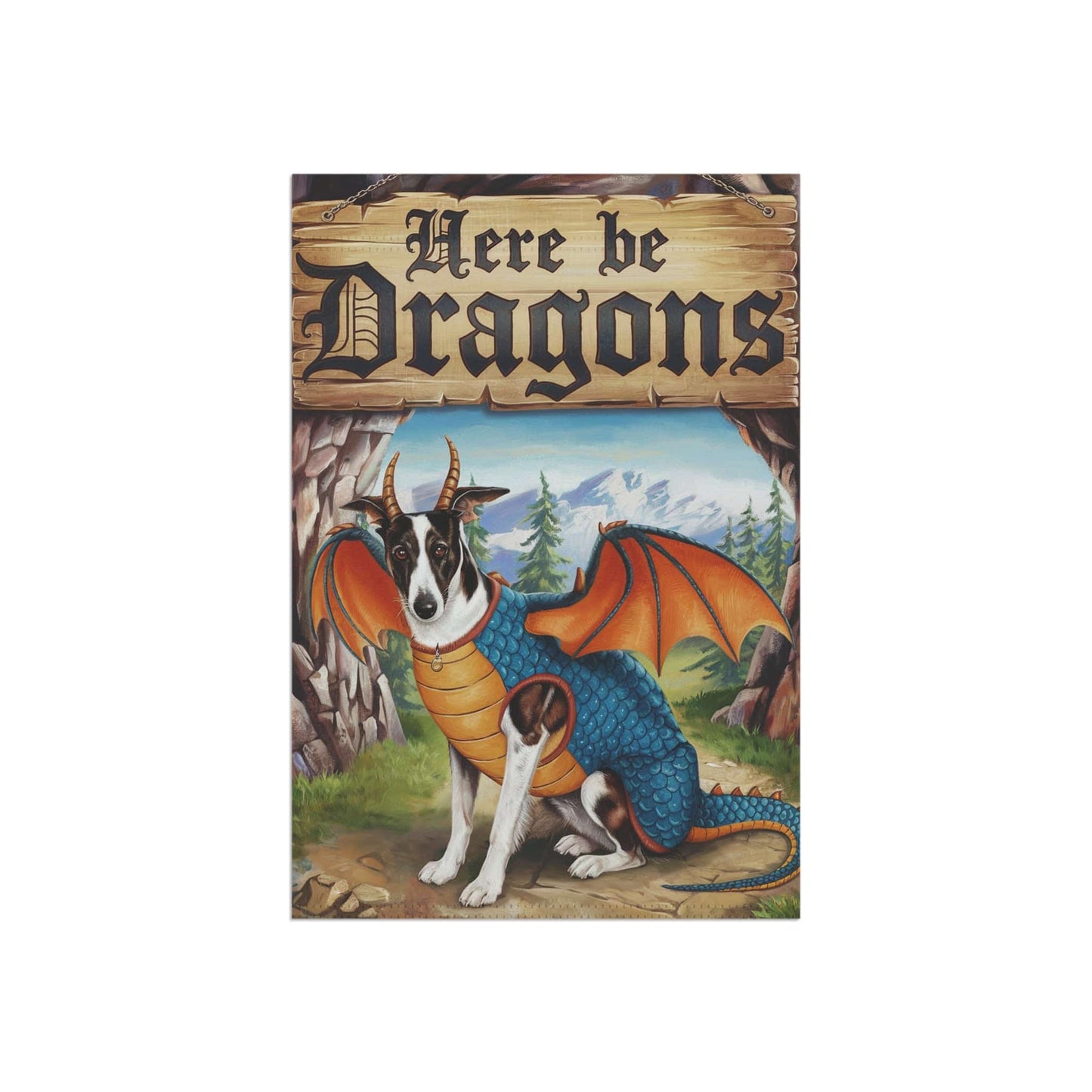 Printify Home Decor Black White Greyhound Dog Dragon Garden Flag, Pet Yard Spring Decor, Housewarming Halloween
