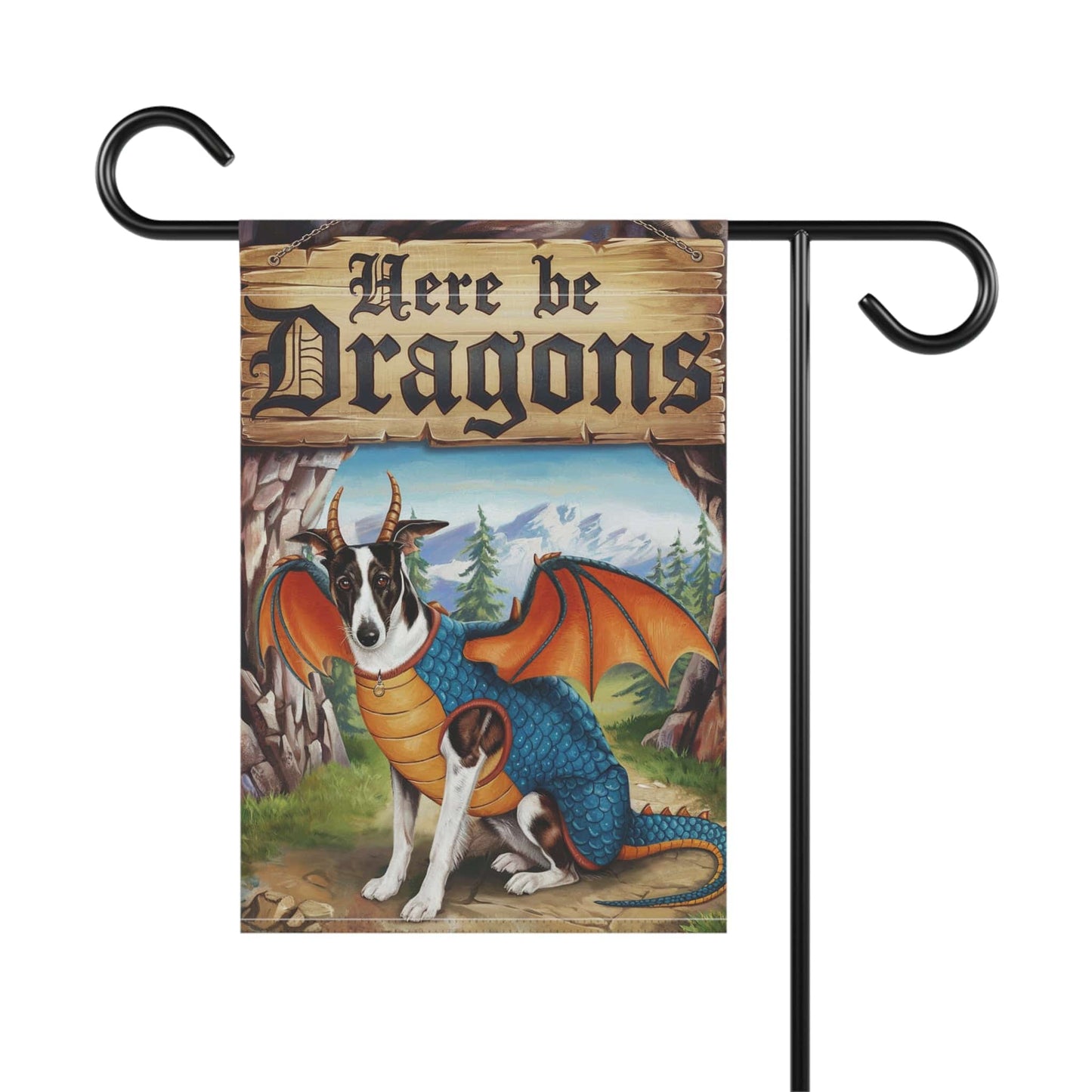 Printify Home Decor Black White Greyhound Dog Dragon Garden Flag, Pet Yard Spring Decor, Housewarming Halloween
