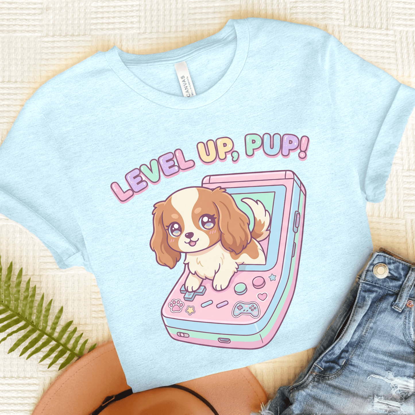 Personalized Cavalier Gamer Pup Unisex Tshirt Heather Ice Blue