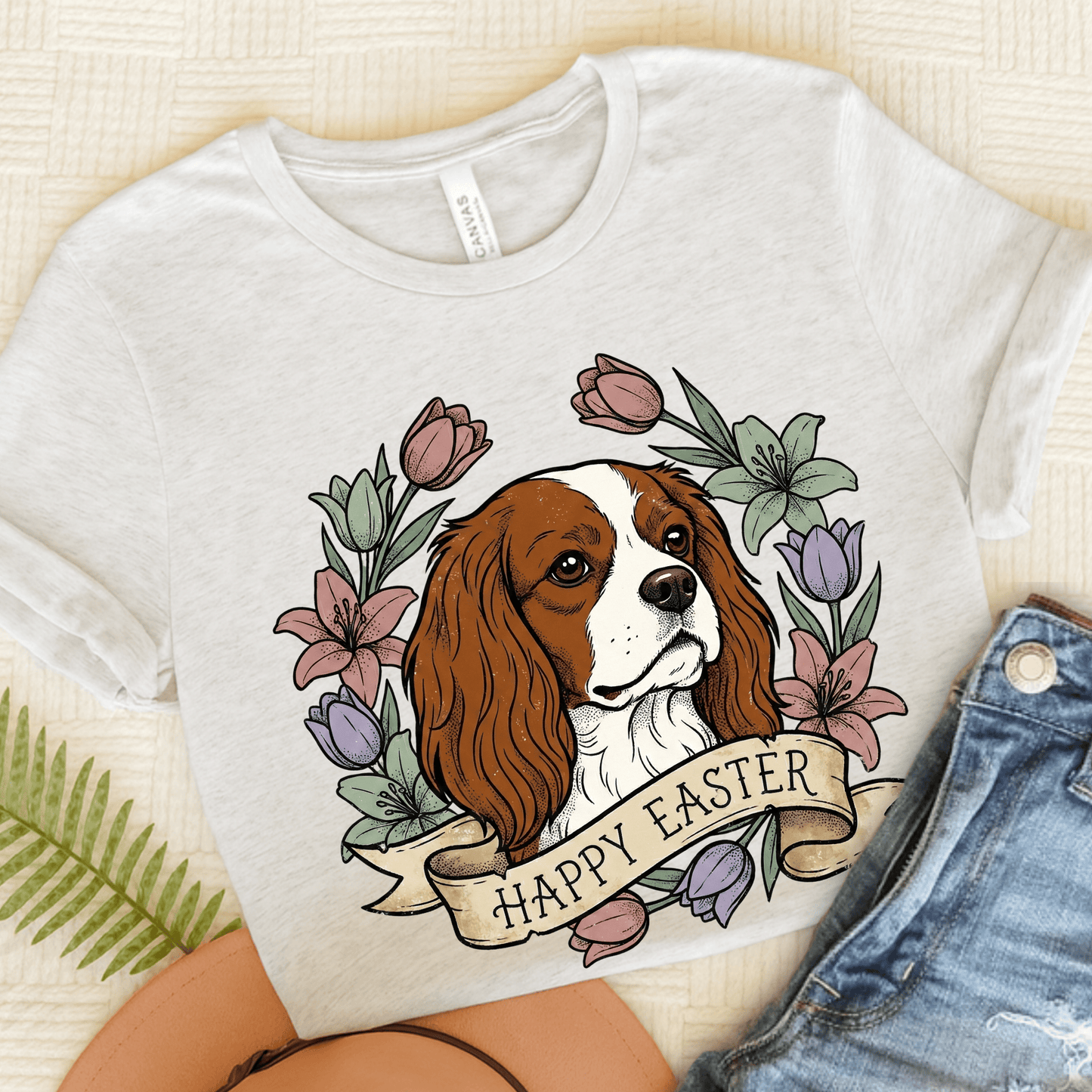 Personalized Cavalier Happy Easter Unisex TShirt Ash