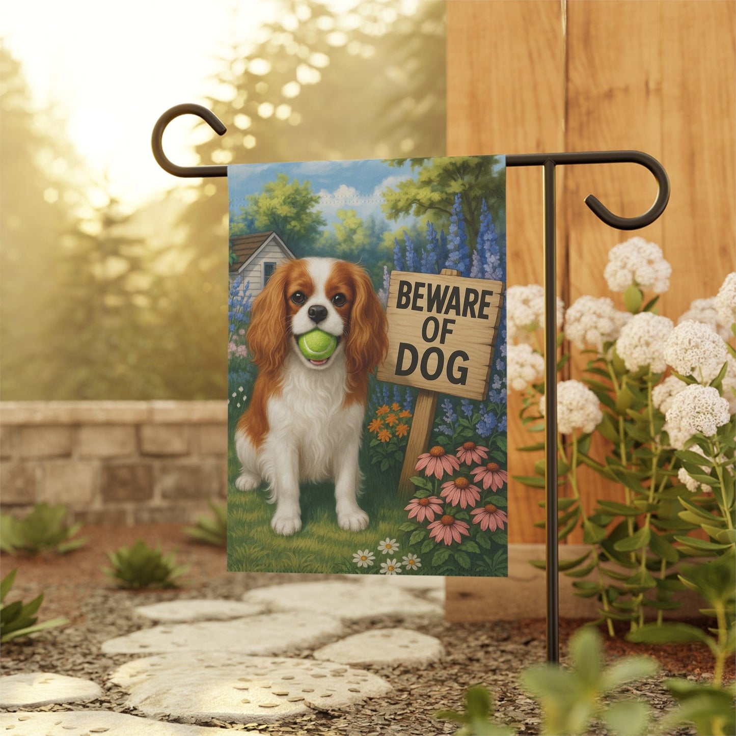 Printify Garden Flag Blenheim Cavalier King Charles Beware Garden Flag