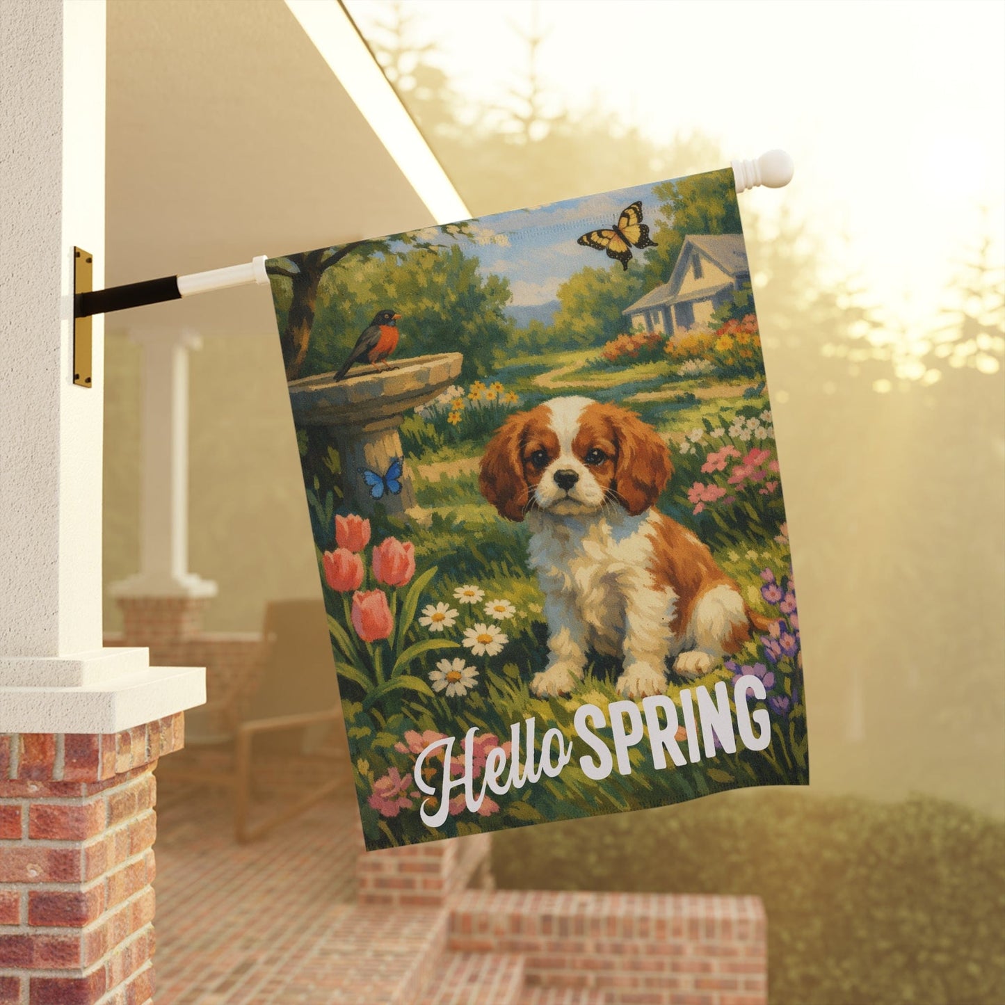 Personalized Cavalier Hello Spring Garden Flag