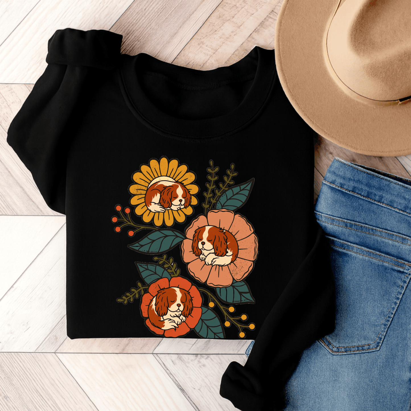 Blenheim Cavalier Sleeping Flowers Sweatshirt Black