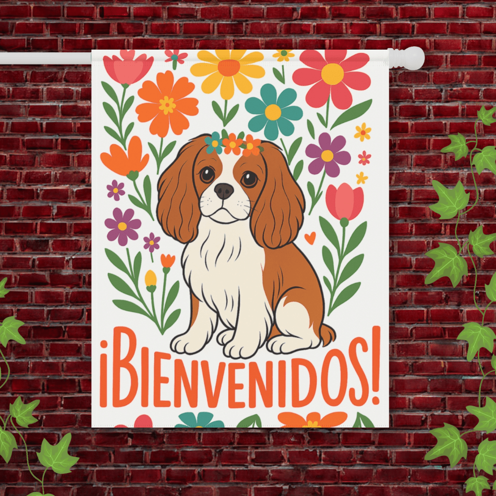 Printify Garden Flag 24.5'' × 32'' Blenheim King Charles Bienvenidos Garden Flag