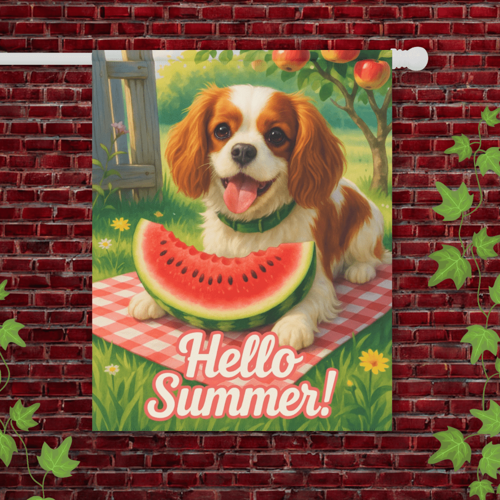 Printify Garden Flag 24.5'' × 32'' Blenheim King Charles Cavalier Watermelon Garden Flag