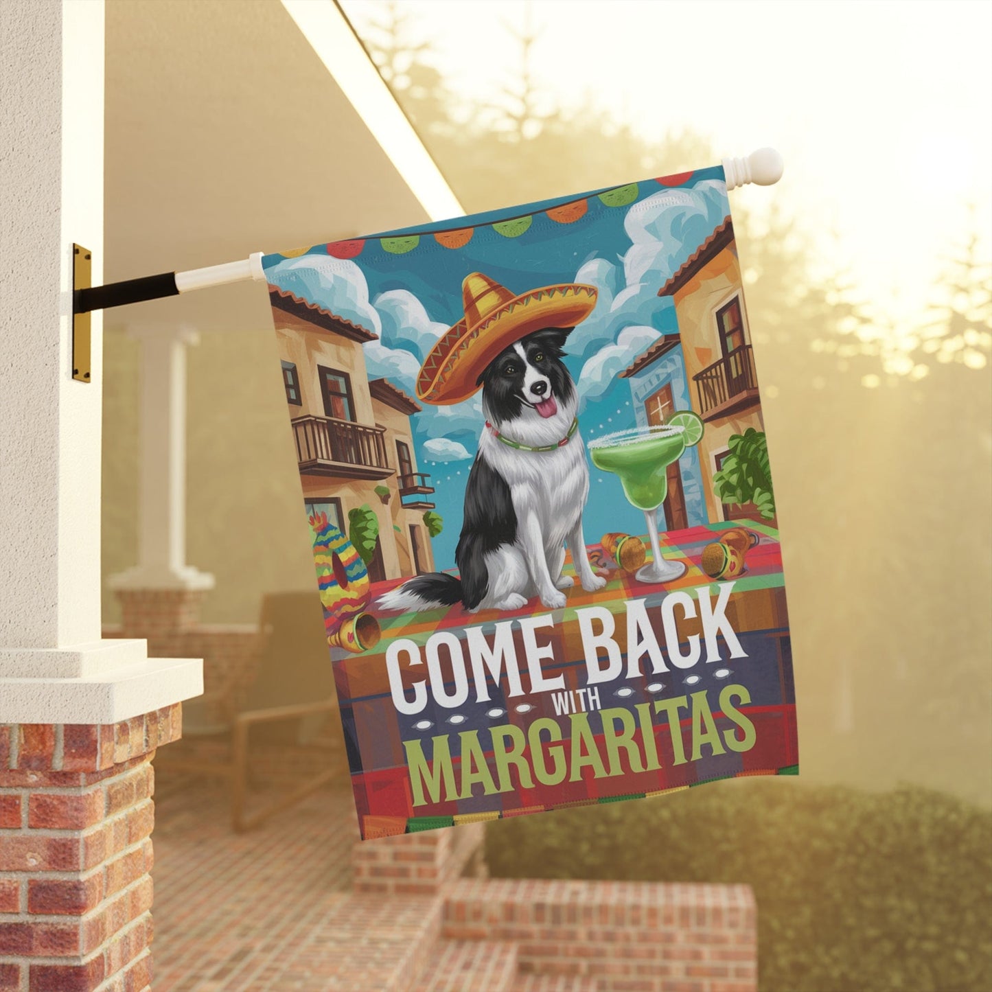 Printify Home Decor Border Collie Dog Garden Flag, Cinco de Mayo Fiesta Margarita Drinking Front Yard