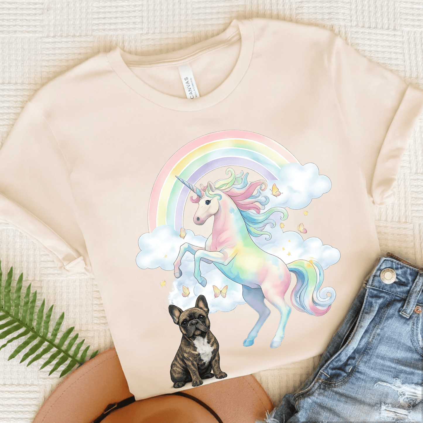 Brindle French Bulldog Watercolor Unicorn Unisex Tshirt Natural