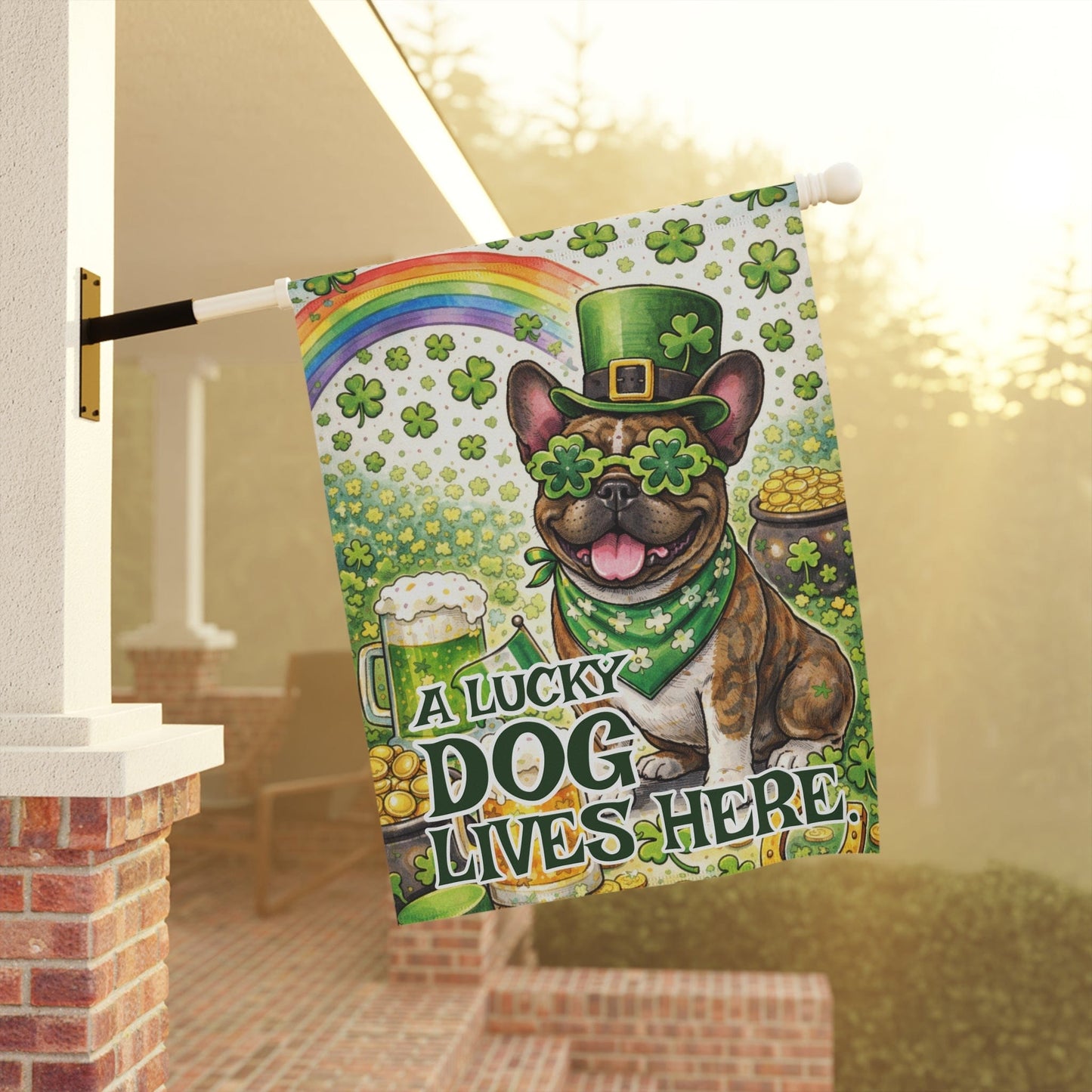 Brindle French Lucky Dog Saint Patricks Garden Flag