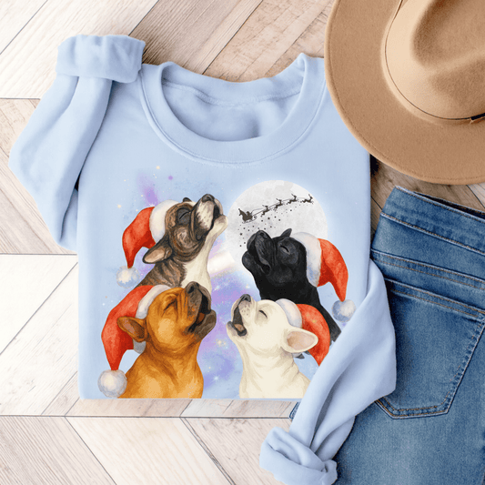 Brindle Frenchie Christmas Howliday Sweatshirt Light Blue