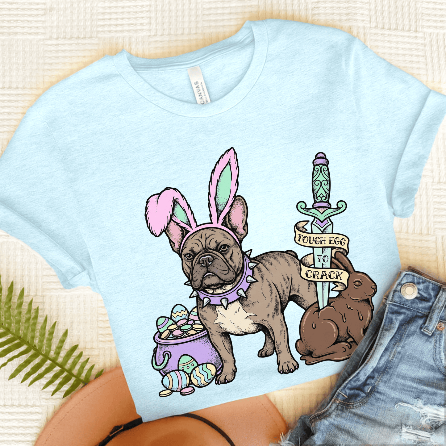 Brindle Frenchie Easter Tough Egg Unisex TShirt Heather Ice Blue