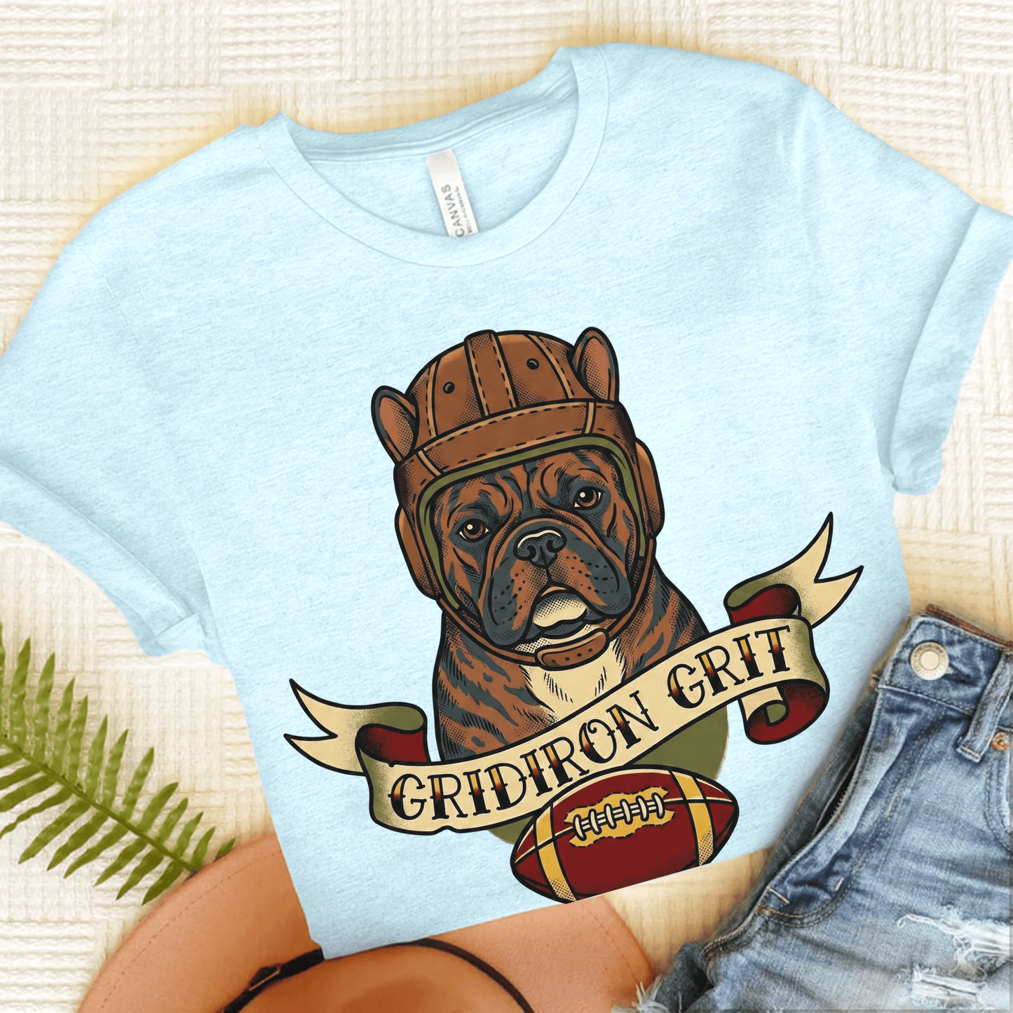 Brindle Frenchie Football Gridiron Unisex TShirt Heather Ice Blue