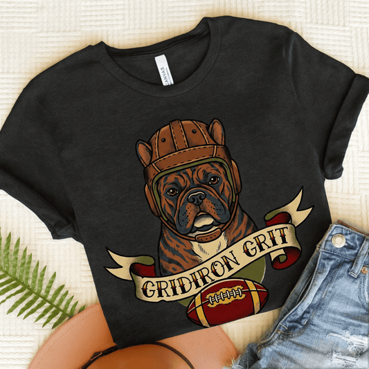 Brindle Frenchie Football Gridiron Unisex TShirt Dark Grey Heather
