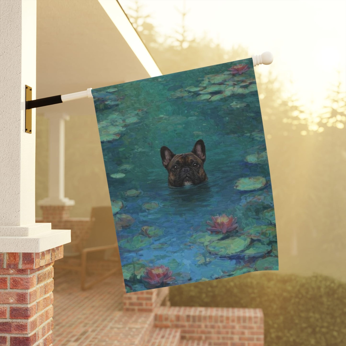Brindle Frenchie Monet Waterlillies Garden Flag
