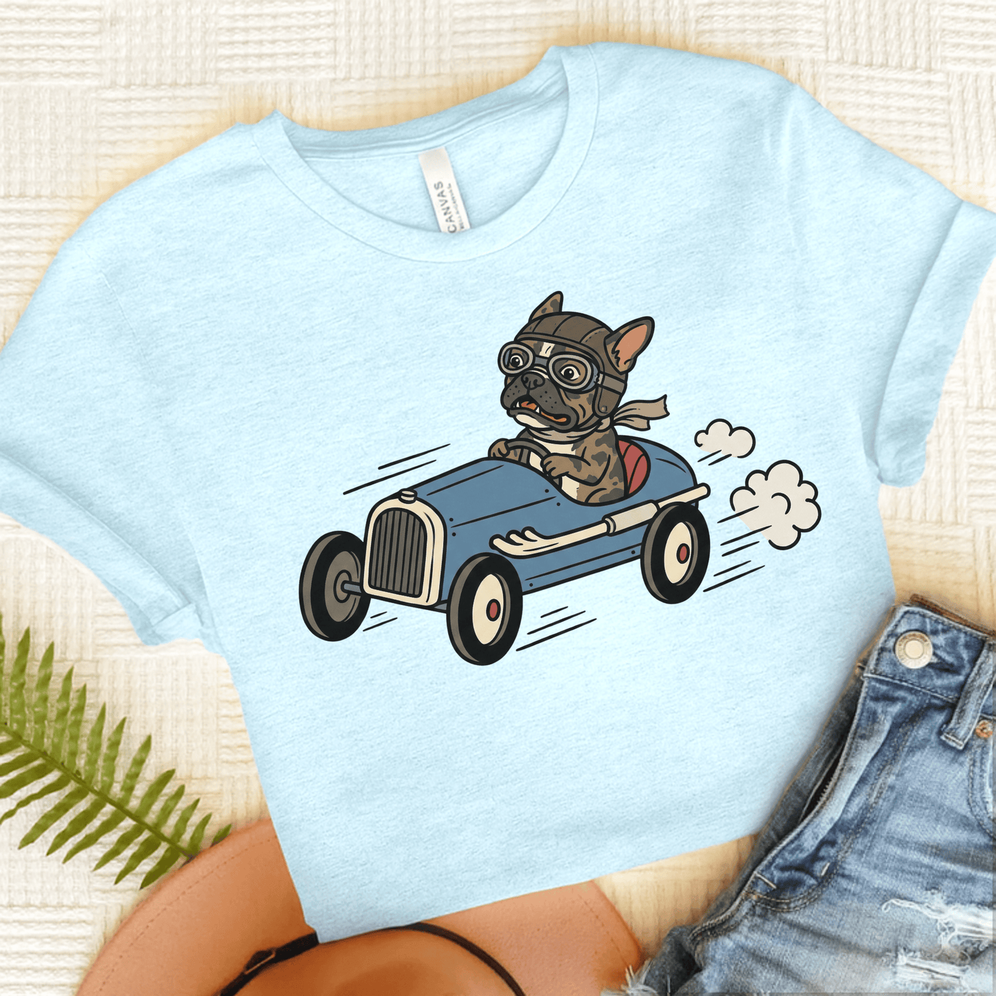 Brindle Frenchie Race Car Driver Unisex TShirt Heather Ice Blue