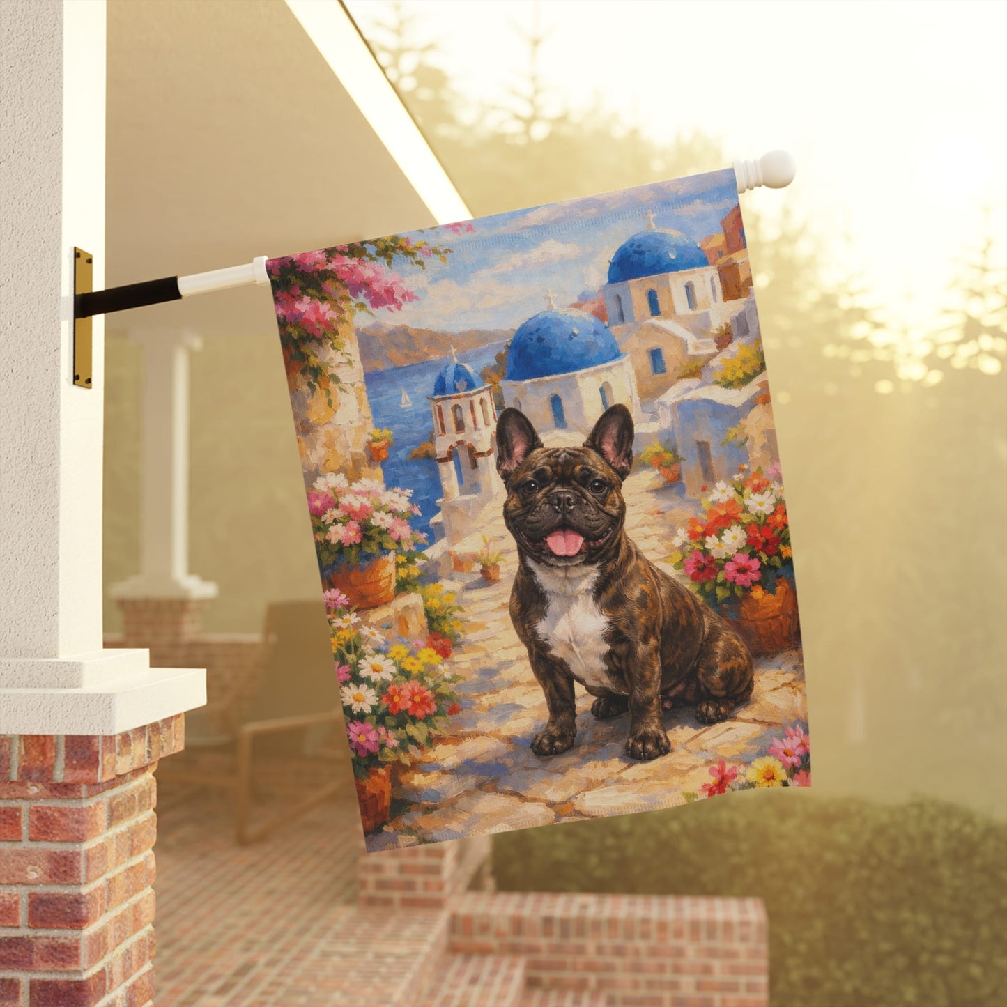 Brindle Frenchie Santorini Greece Garden Flag