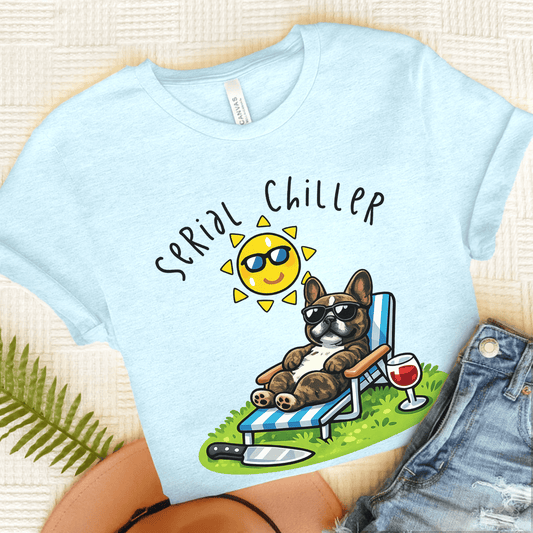 Brindle Frenchie Serial Chiller Unisex TShirt Heather Ice Blue