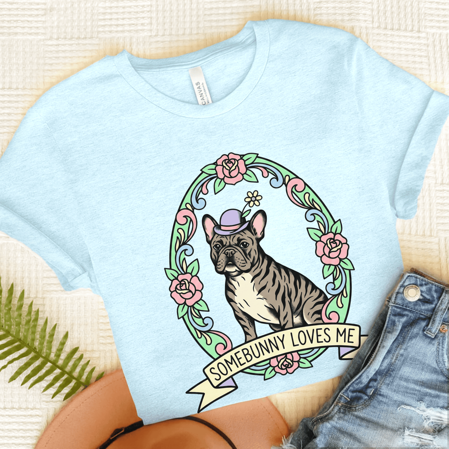 Brindle Frenchie Somebunny Easter Unisex TShirt Heather Ice Blue