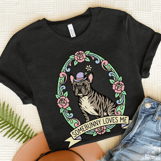 Brindle Frenchie Somebunny Easter Unisex TShirt Dark Grey Heather