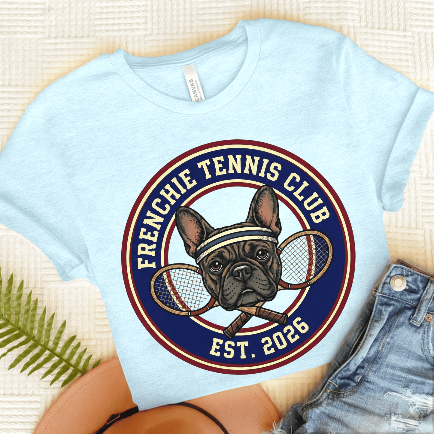 Brindle Frenchie Tennis Club Unisex TShirt Heather Ice Blue