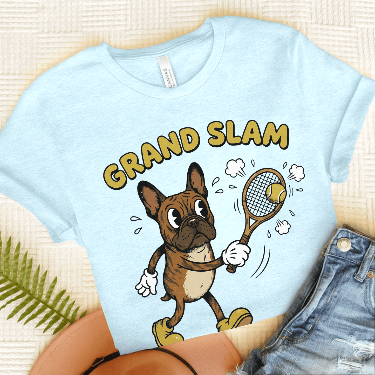 Brindle Frenchie Tennis Grand Slam Unisex TShirt Heather Ice Blue