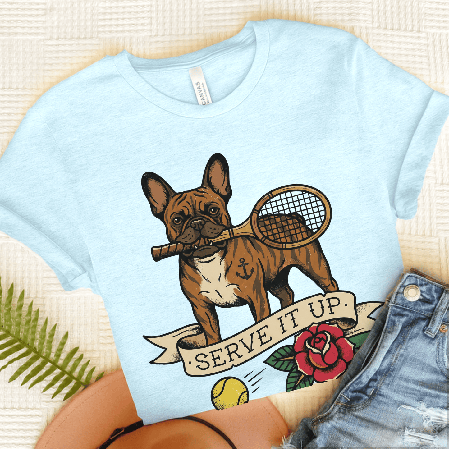 Brindle Frenchie Tennis Serve It Up Unisex TShirt Heather Ice Blue
