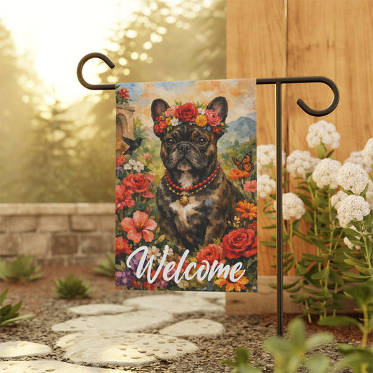 Brindle Frenchie Welcome Hummingbird Garden Flag