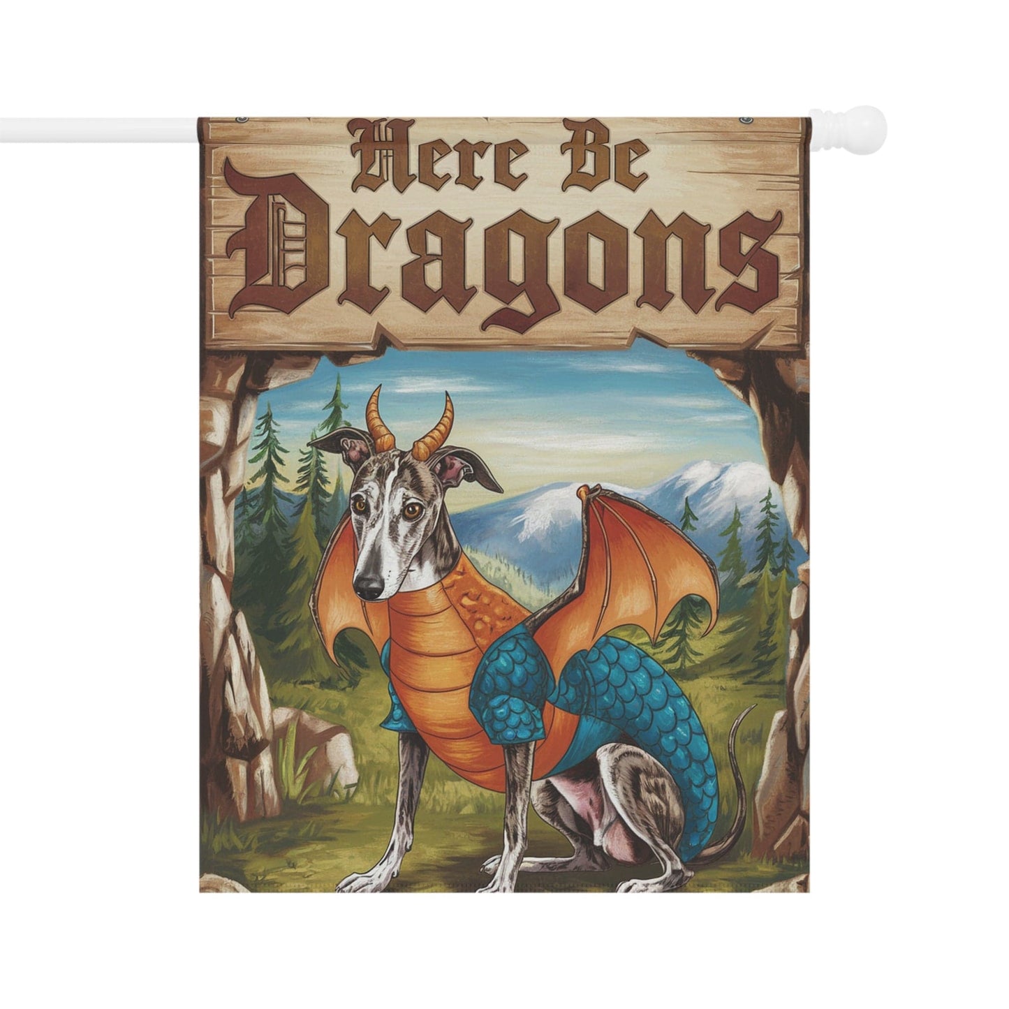 Printify Home Decor 24.5'' × 32'' Brindle Greyhound Dog Dragon, Garden Flag, Fantasy Pet Yard Spring Decor, Housewarming Halloween Gift