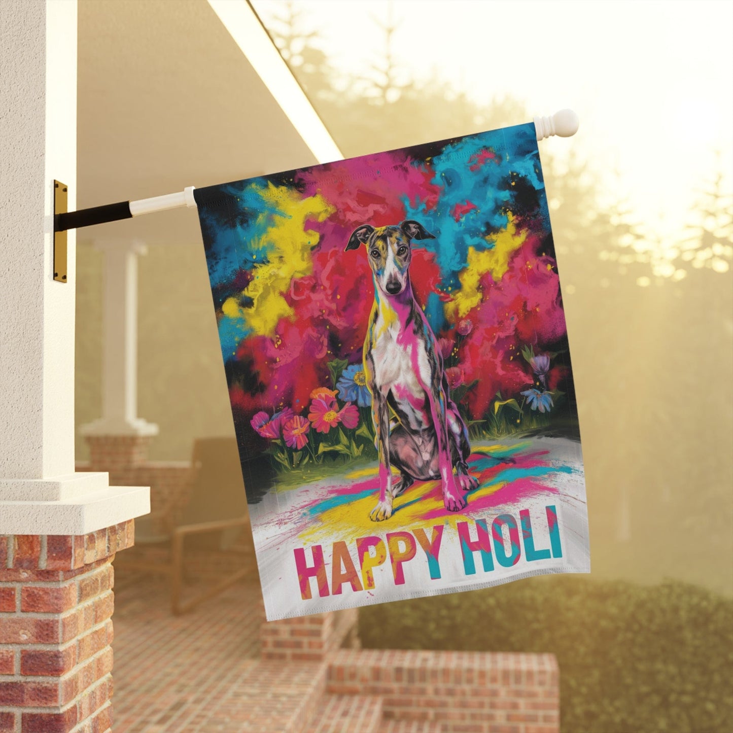 Printify Home Decor Brindle Greyhound Holi Garden Flag, Indian Spring Festival, Dog Lover Yard Outside Decor