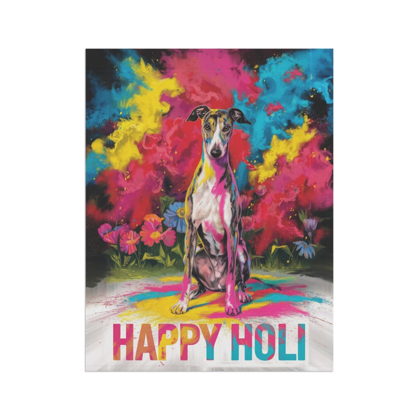 Printify Home Decor Brindle Greyhound Holi Garden Flag, Indian Spring Festival, Dog Lover Yard Outside Decor