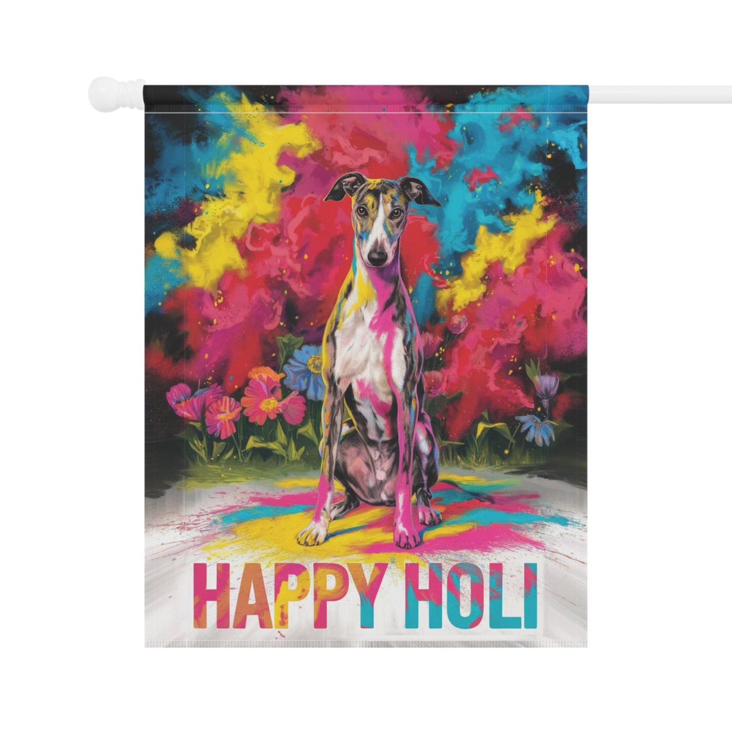 Printify Home Decor Brindle Greyhound Holi Garden Flag, Indian Spring Festival, Dog Lover Yard Outside Decor