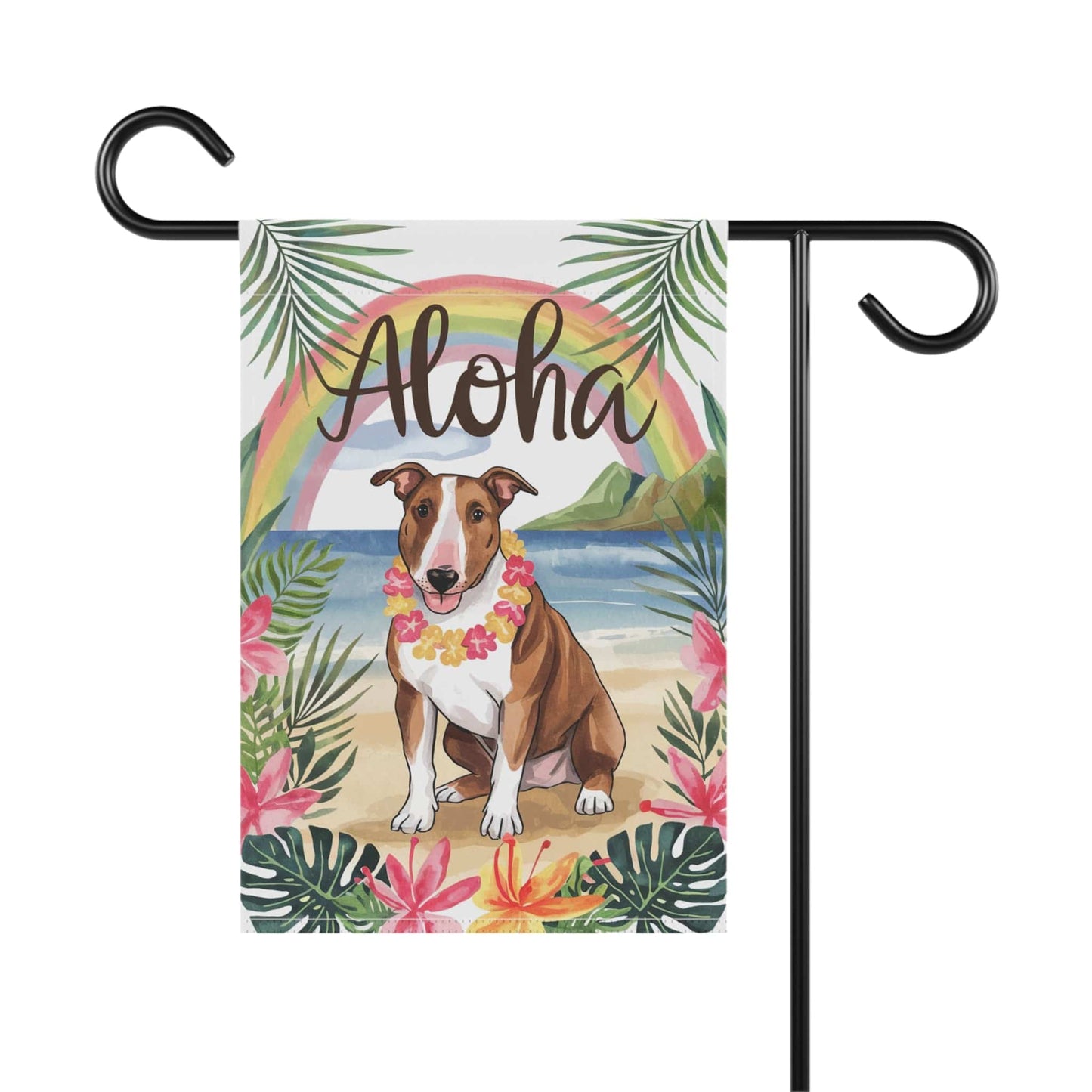 Printify Garden Flag Brown Bull Terrier Aloha Luau Garden Flag