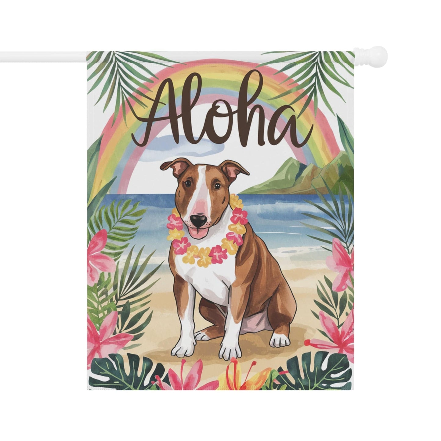Printify Garden Flag Brown Bull Terrier Aloha Luau Garden Flag
