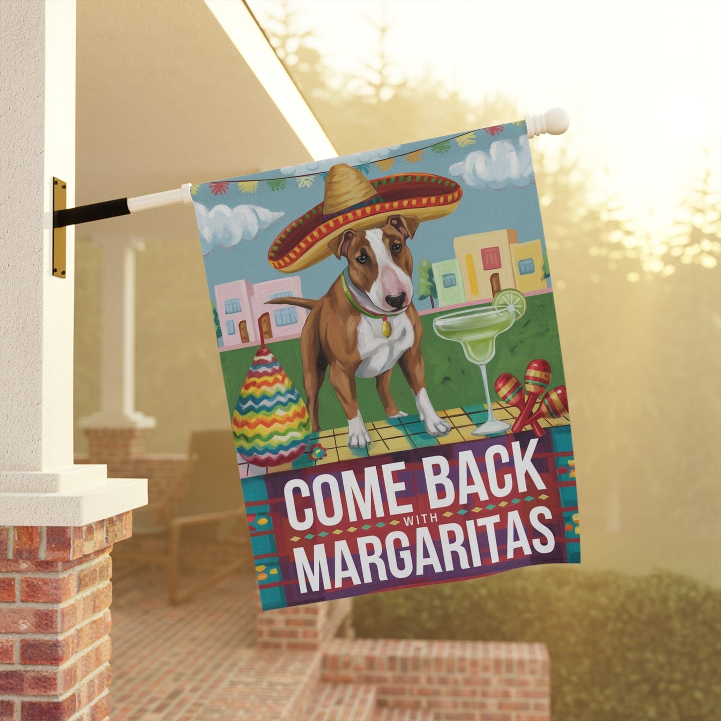 Brown Bull Terrier Dog Garden Flag, Cinco de Mayo Fiesta, Margarita Drinking Decor, Gardener Gift