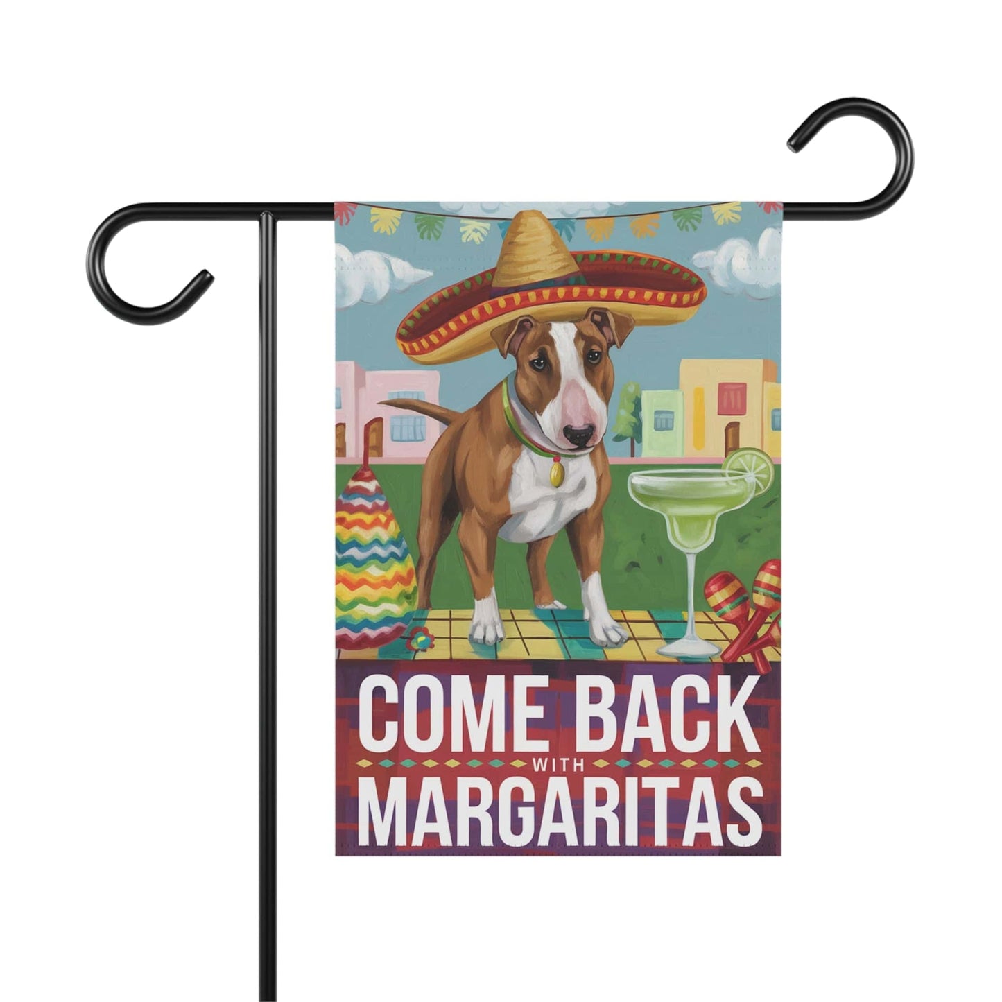 Printify Home Decor 12'' × 18'' Brown Bull Terrier Dog Garden Flag, Cinco de Mayo Fiesta, Margarita Drinking Decor, Gardener Gift