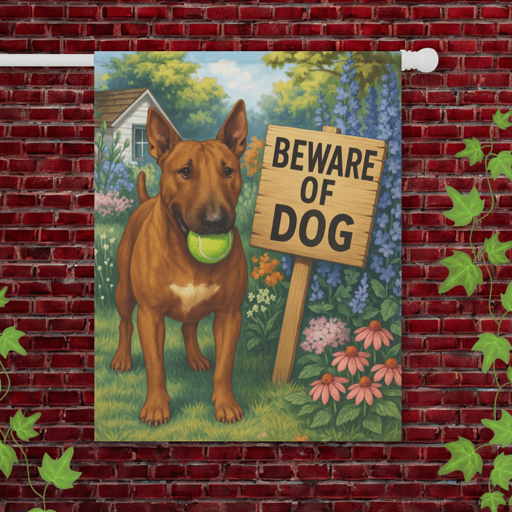 Printify Garden Flag 24.5'' × 32'' Brown Bull Terrier Funny Beware Garden Flag