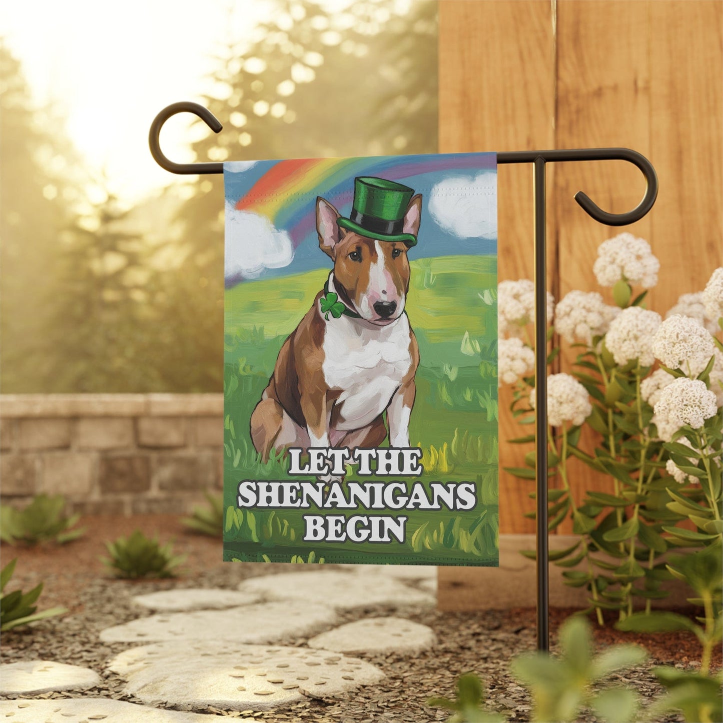 Printify Home Decor 12'' × 18'' Brown Bull Terrier Garden Flag, Saint Patricks Day Funny Dog Yard Outside Decor