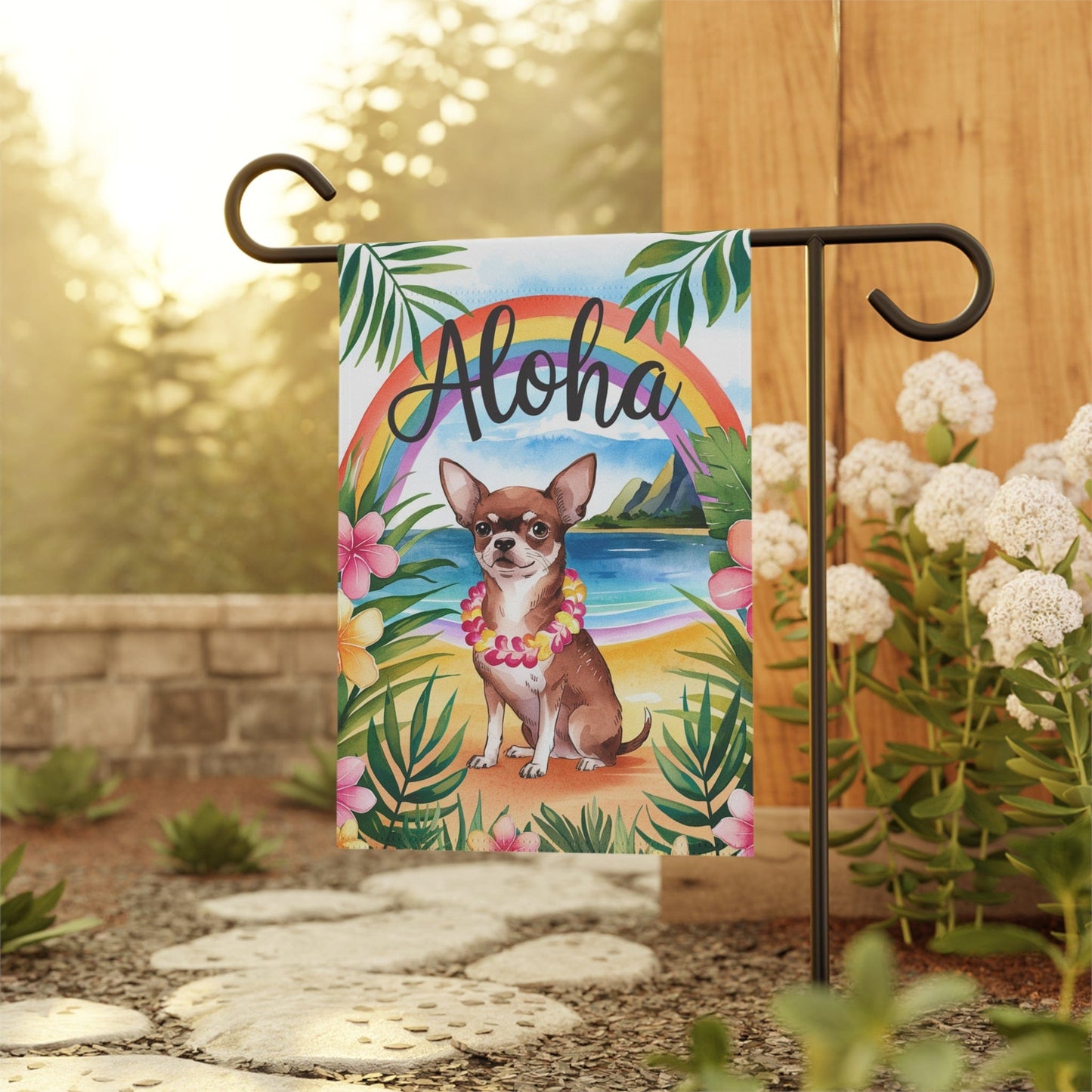 Printify Garden Flag Brown Chihuahua Hawaii Garden Flag