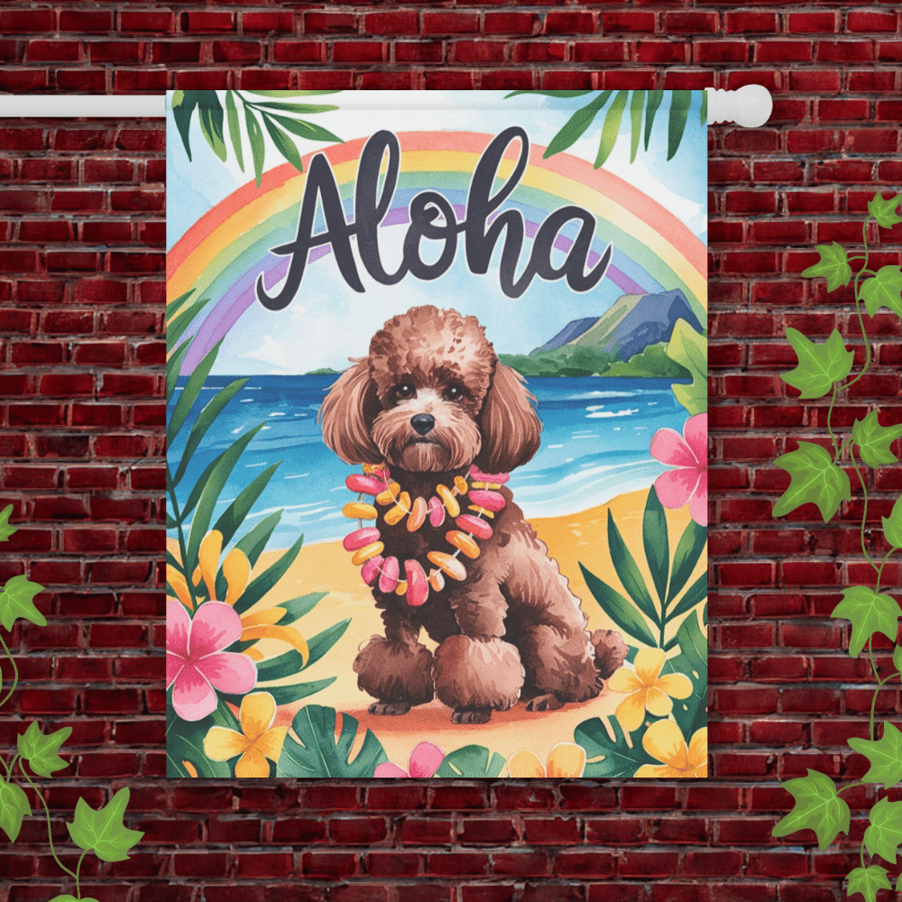 Printify Garden Flag 24.5'' × 32'' Brown Miniature Chocolate Poodle Aloha Garden Flag
