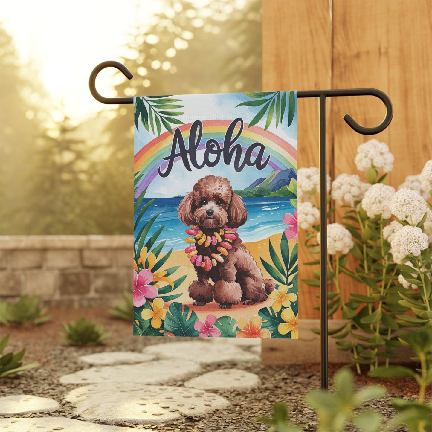 Printify Garden Flag Brown Miniature Chocolate Poodle Aloha Garden Flag