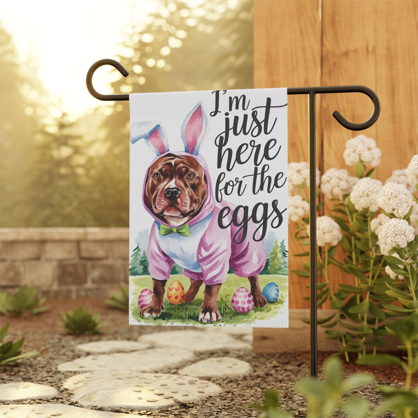 Printify Home Decor Brown Pit Bull Easter Garden Flag, Spring Scene Front Yard Decor, Gardener Housewarming Gift