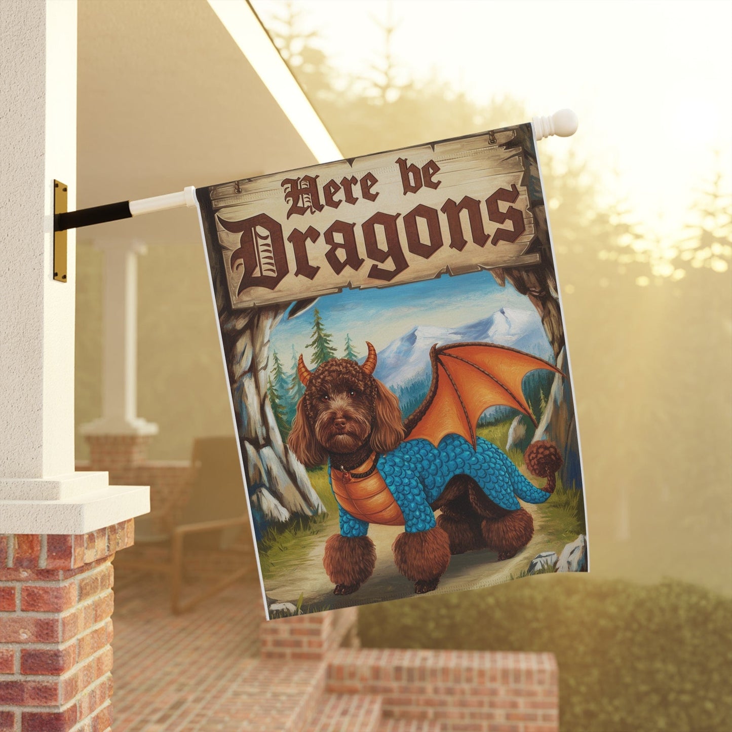 Printify Home Decor Brown Poodle Dog Dragon Garden Flag, Fantasy Pet, Yard Spring Decor, Housewarming Halloween