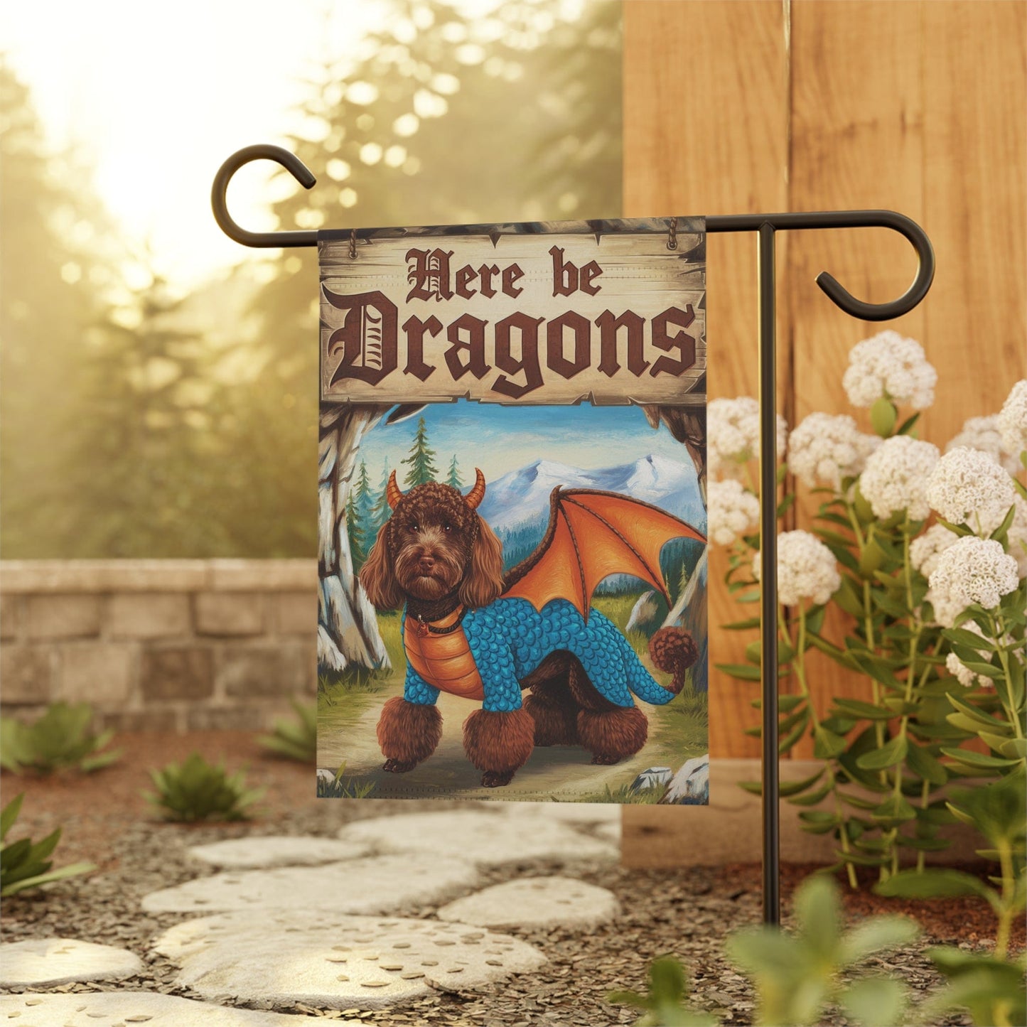 Printify Home Decor Brown Poodle Dog Dragon Garden Flag, Fantasy Pet, Yard Spring Decor, Housewarming Halloween