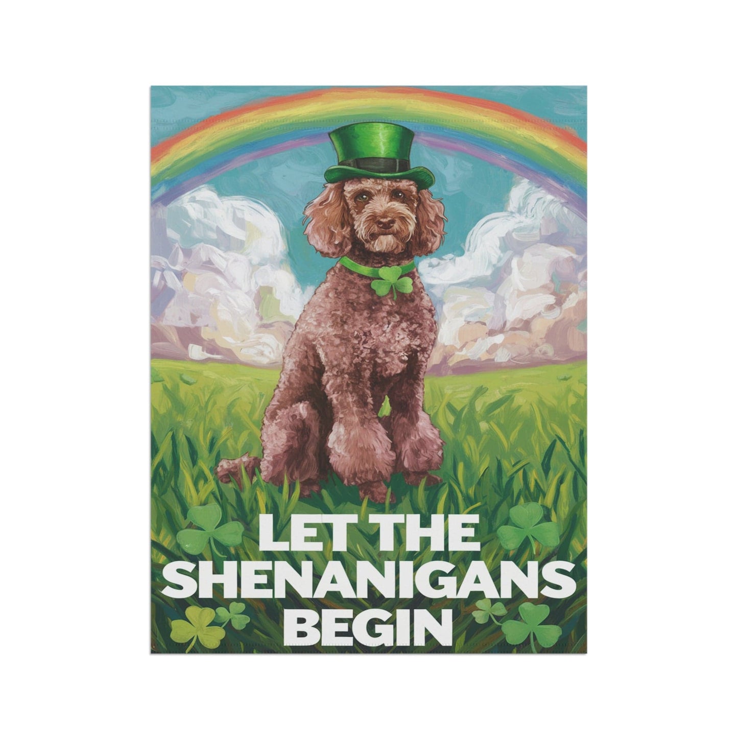 Printify Home Decor Brown Poodle's St. Patrick's Day Celebration, Dog Rainbow Shamrock Festivity Garden Flag