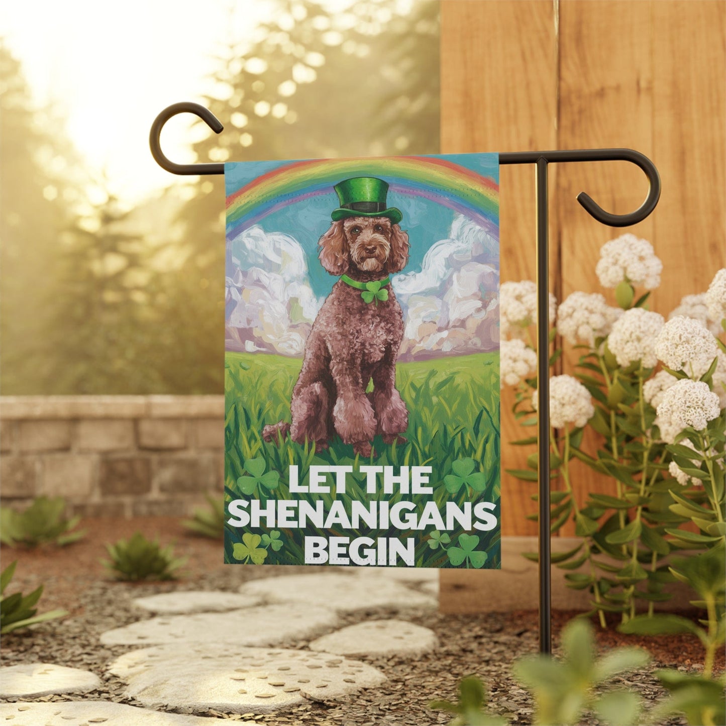 Printify Home Decor Brown Poodle's St. Patrick's Day Celebration, Dog Rainbow Shamrock Festivity Garden Flag